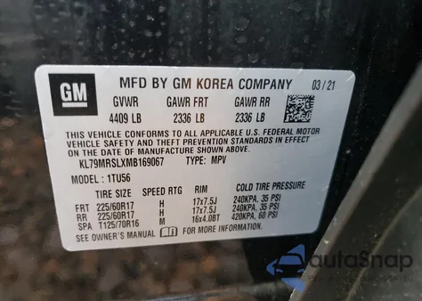 2021 Chevrolet Trailblazer Lt z USA, uszkodzony, nr VIN KL79MRSLXMB169067